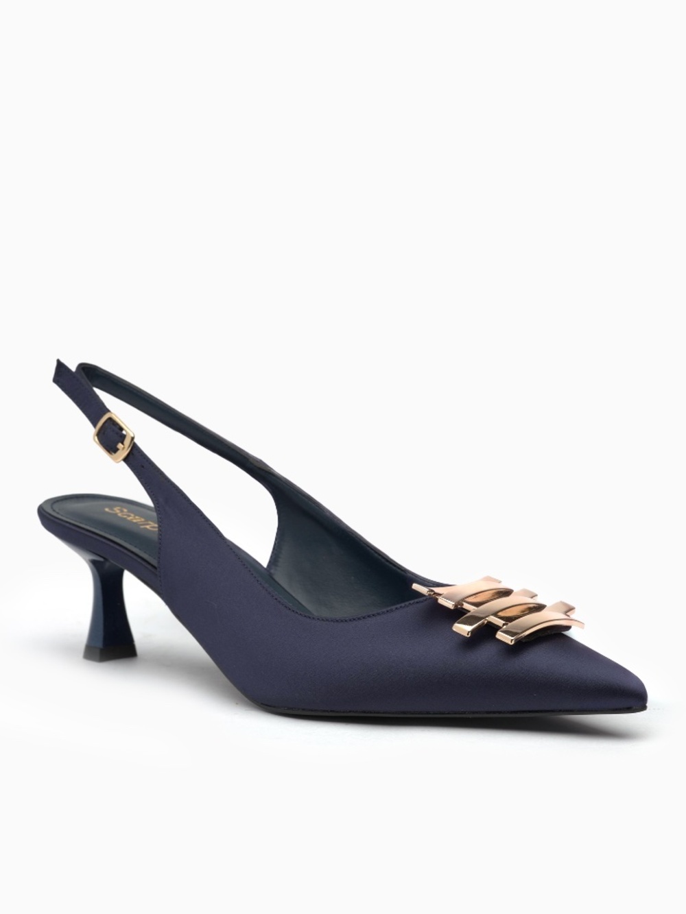 Satin Slingback Heels with Gold Chain-Link Plaque, 65mm Spool Heel
